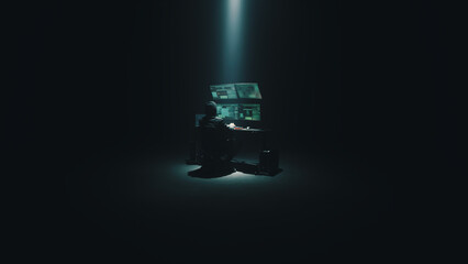Minimalistic concept shot of male hacker using computer to access private data while sitting under spotlight in darkness © Framestock