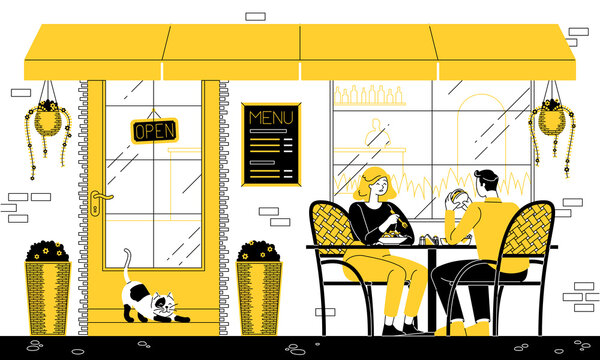 Street cafe flat vector illustration in a street cafe