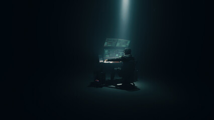 Minimalistic concept shot of male hacker using computer to access private data while sitting under spotlight in darkness