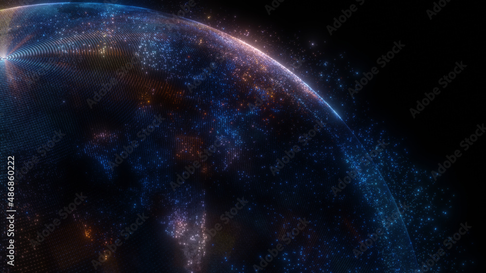 Poster glowing sphere with a map of the world from particles