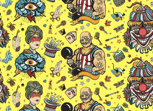 Circus. Clown, rabbit in a magician hat, strong man with dumbbells, fortune teller woman, magic trick. Old school tattoo seamless pattern