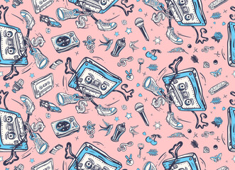 Musical street culture. Audio cassette dances break dance. Funny background. Old school music. Seamless pattern. Hip hop art