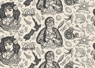 New Zealand seamless pattern. Aboriginal tribes. Tradition and people. Tourism and travel. Old school tattoo background. Ethnic Polynesian woman in traditional costume. Maori man warrior grimace
