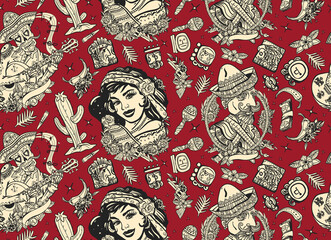 Fototapeta premium National culture and people. Mexico. Seamless pattern. Traditional tattooing style. Day Of Dead art. Old school tattoo vector background. Skeleton with guitar, mexican man and woman