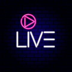Live stream neon sign on the brick wall.