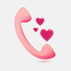 3d minimal pink handset with flying hearts isolated on white. Love and feeling concept. Valentine's day design