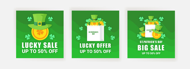 Collection of social media post templates for sales promotion on St. Patrick Day.