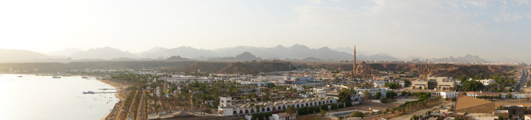 Panorama of the Old Market with the Al Sahaba Mosque in Sharm El Sheikh. Exotic cityscape with...