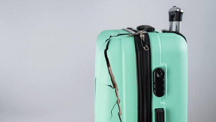 Close-up of a broken plastic suitcase on a white background.