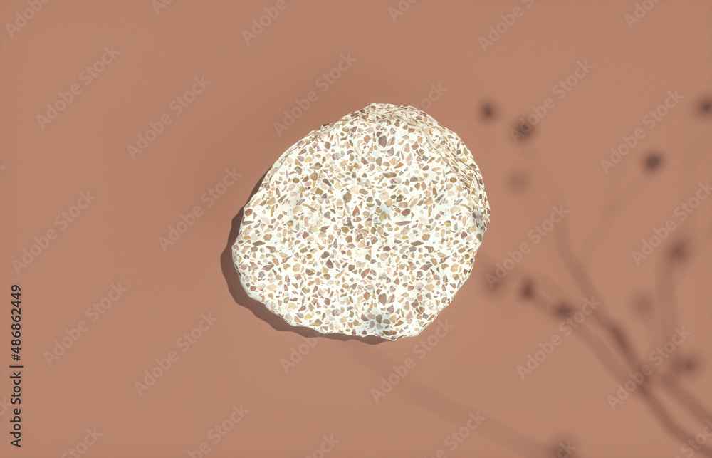 Aufkleber natural stone plate with foliage shadow background for product display. flat lay. top view. 3d rende