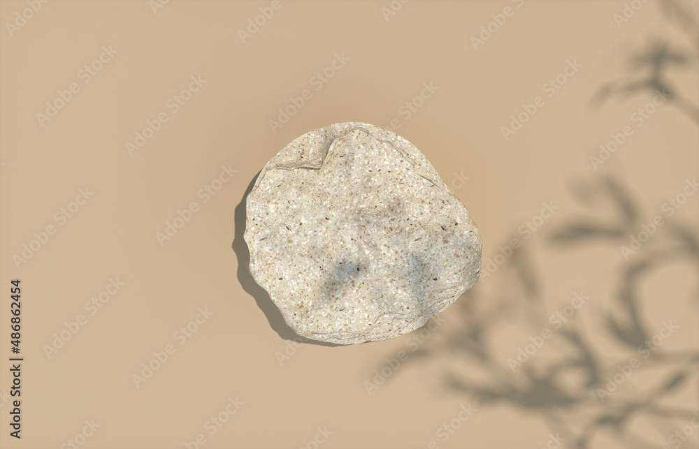 Aufkleber natural stone plate with foliage shadow background for product display. flat lay. top view. 3d rende