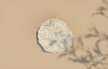 Natural stone plate with foliage shadow background for product display. Flat lay. Top view. 3d rendering.
