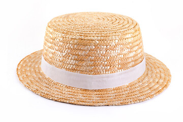 Straw hat isolated with white  ribbon on white background
