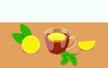 Glass cup of tea with lemon