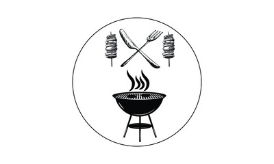 BBQ or grill tools icon. Barbecue fork with spatula, bread and glasses. Sausage on a fork. Vector illustration.