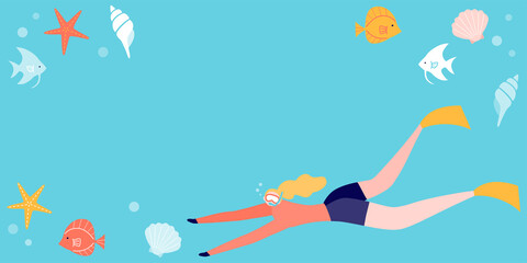 Fototapeta na wymiar シュノーケリングをする女性と海のイラスト　バナー　タイトル素材