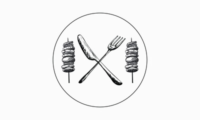 BBQ or grill tools icon. Barbecue fork with spatula, bread and glasses. Sausage on a fork. Vector illustration.