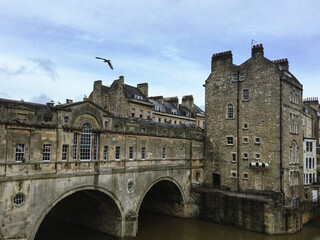 Pulteney bridge over Avon river in Bath. Somerset, England. Old town, stone walls, picturesque spot, blue sky, flying bird, dark water. Chimney. Rapids on a river. Stream. Moss