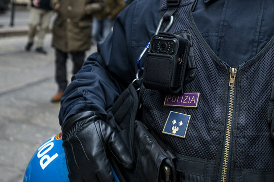 A body camera, a portable device used for recording images during law enforcement operations, is seen on the uniform of a Italian police officer in Milan, Italy on February 11, 2022