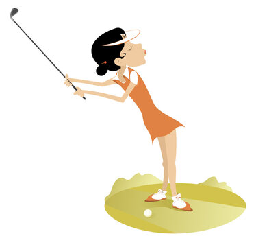 Young golfer woman on the golf course illustration. Pretty golfer woman with a golf club tries to do a good kick isolated on white