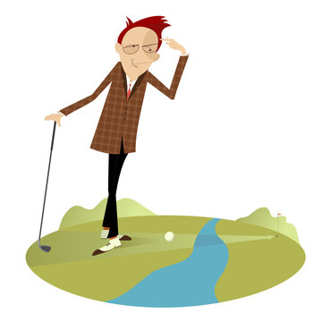 Golfer is thinking how to overcome a water hazard	
