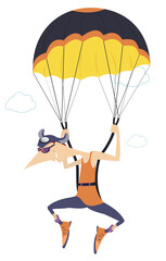 Cartoon skydiver isolated illustration. Comic skydiver derives enjoyment from jumping isolated on white