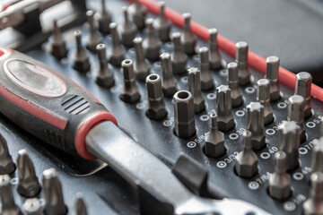 Screwdriver bits in toolbox as assorted screwing toolkit organizer with torx bits, cross bits and...
