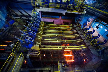 Manufacturing of mild steel square bar. View of continuous casting machine.