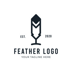 Simple and minimal feather logo design for premium branding. Elegant black line feather icon template flat vector illustration