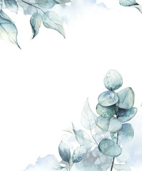 Watercolor painted foggy floral frame template. Blue background with eucalyptus branches, leaves and abstract washes.  © satika
