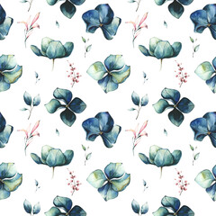 Dark blue and turquoise hydrangea flowers and twigs with pink leaves. Watercolor floral seamless pattern. Modern design