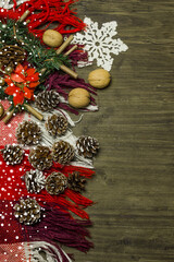 Christmas background with decorations on a wooden background. New Year card.