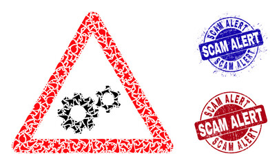 Round SCAM ALERT scratched stamp seals with word inside round shapes, and detritus mosaic gears warning icon. Blue and red stamp seals includes SCAM ALERT tag.