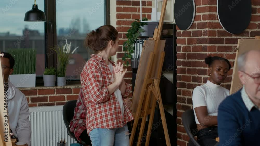 Poster young artist looking at people drawing sketch in art class program, attending lesson to teach artist