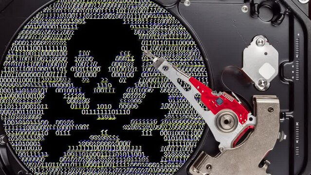 Hard disk drive. Malware program. Binary code information data inside damaged HDD