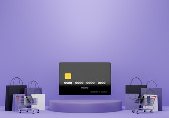 3d illustration. Using credit cards for shopping with banks and stores online on smartphone