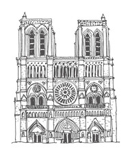 Travel sketch illustration of Notre Dame, Paris, France, Europe. Sketchy line art drawing with a pen on paper. Sketch in black color isolated on white background. Freehand drawing of French Gothic.