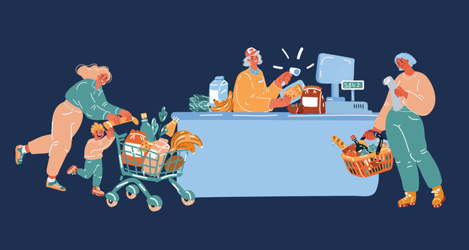 Person Shopping in supermarket. woman cashier in supermarket. Cash register, Cashier and buyer with cart. Vector illustration in flat style