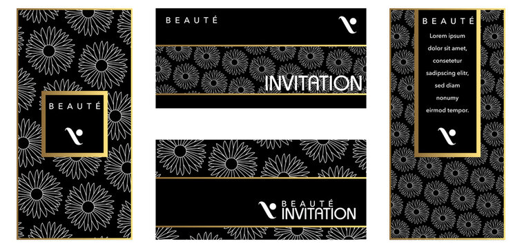 Ensemble de flyers et cartes d’invitation décorés d’un motif floral blanc sur un fond noir.