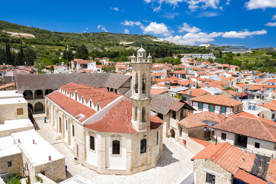 View of Omodos village and Timios Stavros Monastery. Limassol District, Cyprus