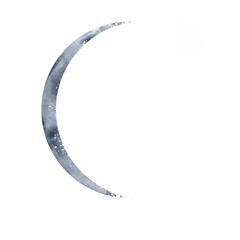 Waxing Crescent. Moon watercolor hand drawn illustration. Monochrome image of a satellite of the earth on an isolated background. space body surface	