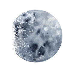 Moon watercolor hand drawn illustration. Monochrome image of a satellite of the earth on an isolated background. space body surface