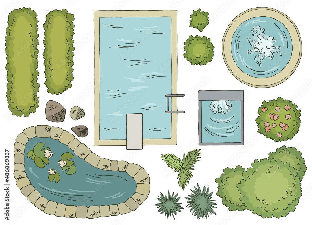 Aufkleber landscape architect design element set graphic color top sketch aerial view illustration vector