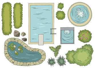 Landscape architect design element set graphic color top sketch aerial view illustration vector  - 486869837