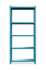Metal storage shelves on white background, front view