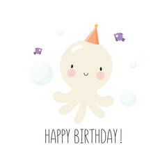 Birthday Party, Greeting Card, Party Invitation. Kids illustration with Cute baby Octopus character. Vector illustration in cartoon style.	