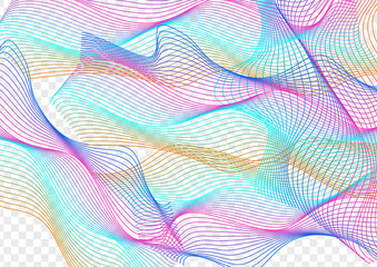 Rainbow Line Background Transparent Vector. Warp Poster. Bright Ribbon Fashion. Curve Minimal Texture. Colorful Motion Wave.