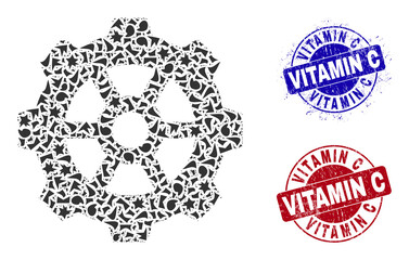 Round VITAMIN C textured stamp imitations with text inside round forms, and shard mosaic gear icon. Blue and red stamp seals includes VITAMIN C text. Gear mosaic icon of debris particles.