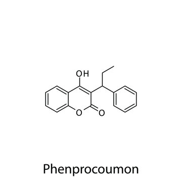 Phenprocoumon molecular structure, flat skeletal chemical formula. Vitamin K antagonist anticoagulant drug used to treat Thrombosis, prevention of stroke. Vector illustration.