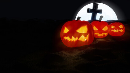 Jack O lanterns Halloween pumpkin scary face glowing eyes with orange light on dark mysterious land and big cross full moon night 3D rendering  with copy space for October fall autumn decoration